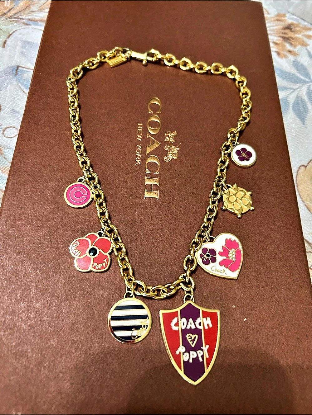 Coach Poppy Charm Necklace Gold & Red Like New